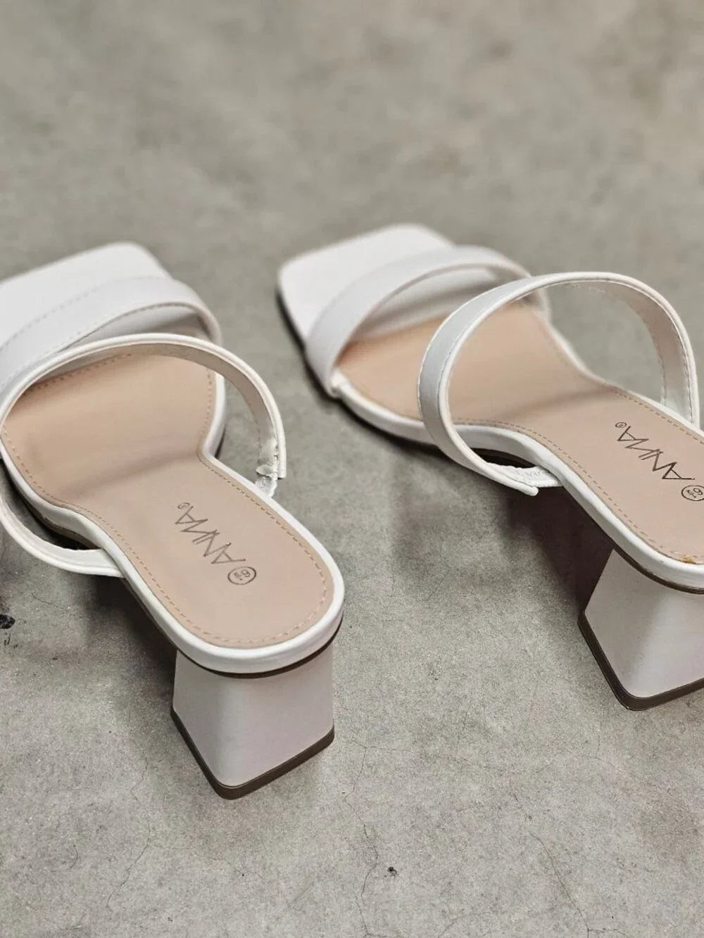 White Faux Leather Block Heel Sandals With Double Straps & Square Toe For Women